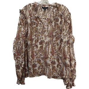 INC XL Floral Paisley Bohemian Long Sleeve Flowy Secretary Blouse Semi Sheer B2